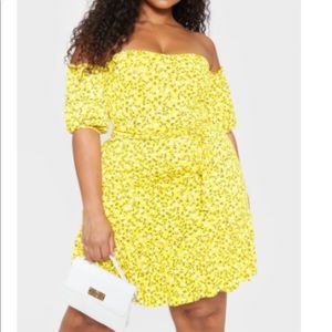 Plus Yellow Ditsy Print Bardot Frill Skater Dress
